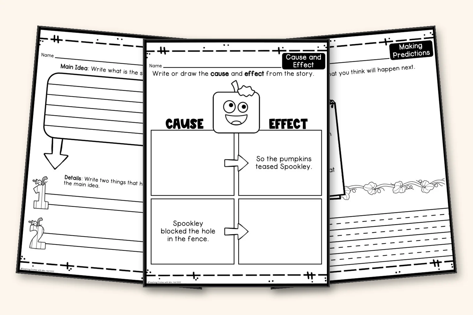 Spookley the Square Pumpkin main idea, cause and effect, and making predictions pages