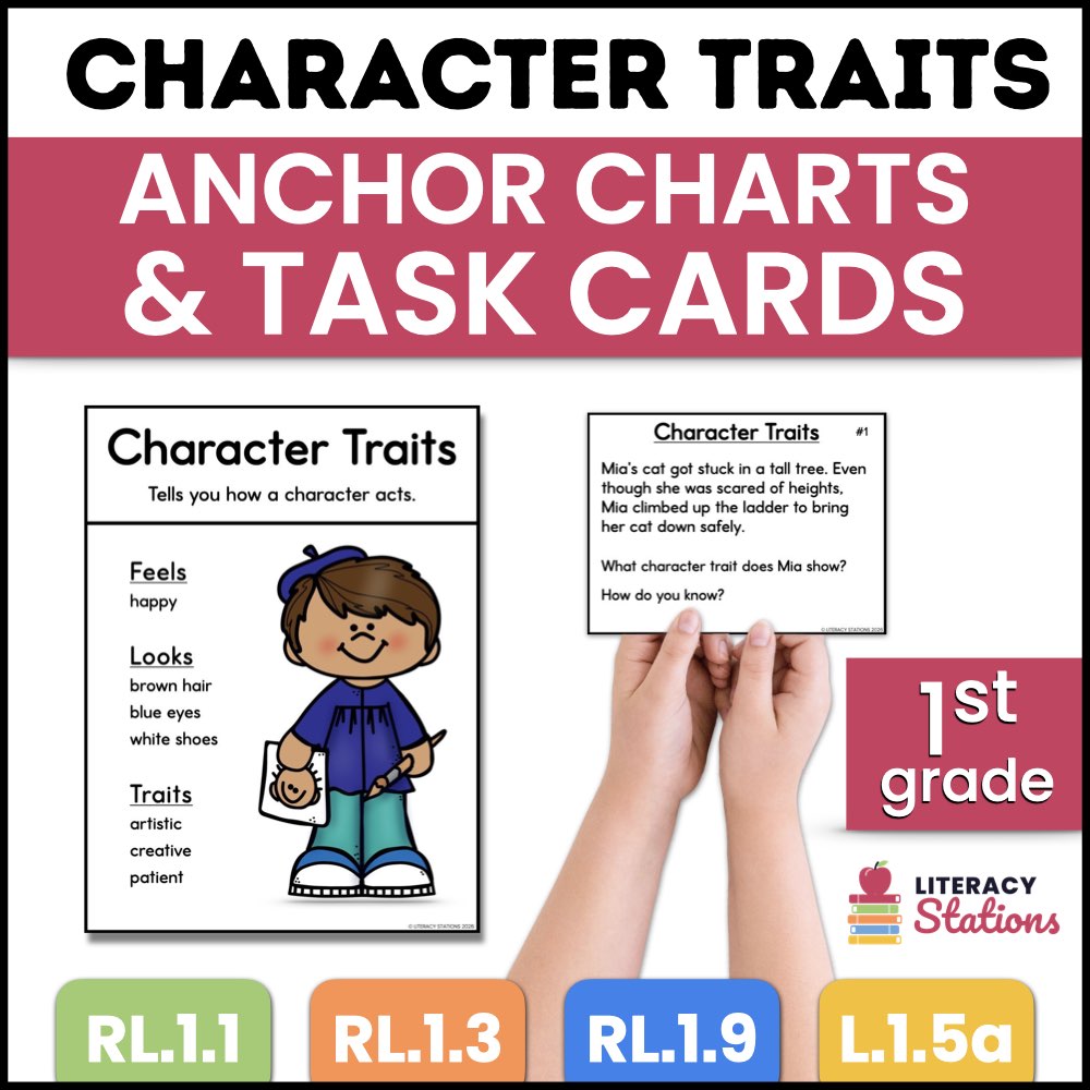 Character Traits Anchor Charts and Task Cards for 1st grade cover with an anchor chart, task card 1 and the RL.1.1, RL.1.3, RL.1.9 and L.1.5a standards