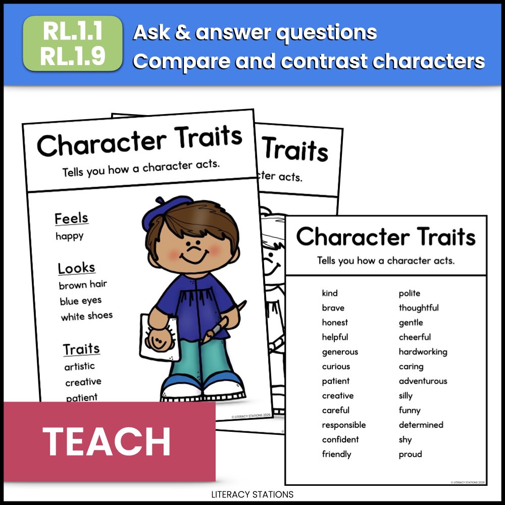 Character traits anchor charts in color and black and white with a 24-word trait list, for RL.1.1 and RL.1.9